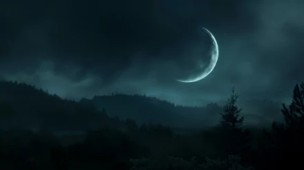 HD wallpaper of a new moon in a starless night sky above silhouetted trees.