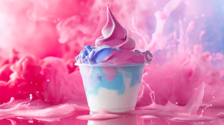 A vibrant cup of frozen yogurt swirled in pink and blue, set against a dreamy, colorful background of swirling pink and purple hues, creating an appealing desktop wallpaper.