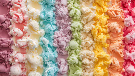 A vibrant array of gelato in pastel colors, beautifully arranged in rows. This HD desktop wallpaper captures the delightful textures and hues of various flavors.