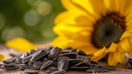 HD wallpaper of sunflower seeds in a macro still life setting, with vibrant sunflower bloom in the background.