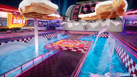 HD desktop wallpaper featuring Foamstars video game, with a vibrant diner setting and floating ice cream cones above a checkerboard floor and neon lights.