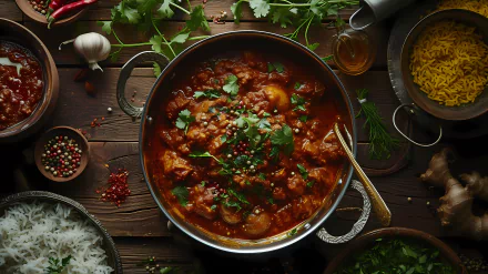 A vibrant curry meal sits on a rustic table, surrounded by fresh ingredients and spices, inviting a delicious dining experience. A perfect HD desktop wallpaper for food enthusiasts.