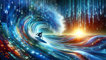 HD wallpaper featuring a dynamic illustration of a person surfing through a vibrant digital wave, symbolizing high-speed internet and technology innovation.
