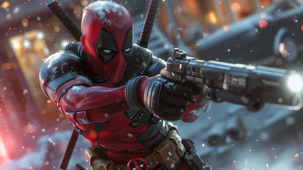 HD Deadpool fan art wallpaper featuring the dynamic superhero in action with guns drawn amidst a vividly detailed, snowy battle backdrop.