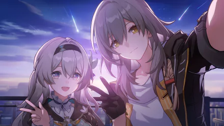 4K Ultra HD desktop wallpaper featuring Firefly and Stelle from the video game Honkai: Star Rail posing together under a twilight sky.