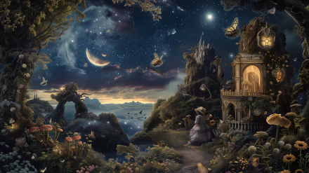 Enchanting fantasy HD wallpaper featuring a star gazing scene with crescent moons, a sparkling night sky, and mystical landscapes for desktop background.