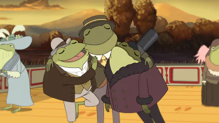 HD wallpaper featuring animated frogs in suits from the TV show Over the Garden Wall with a warm, autumnal background.