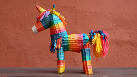Colorful unicorn piñata HD wallpaper against a red background for desktop.