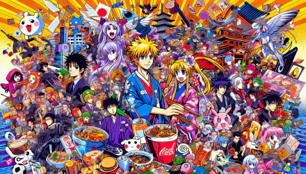 Colorful HD otaku-themed desktop wallpaper featuring a vibrant montage of anime characters, iconic imagery, and Japanese cultural elements.