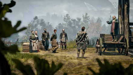 HD wallpaper featuring characters from Banishers: Ghosts of New Eden video game set in a scenic landscape.