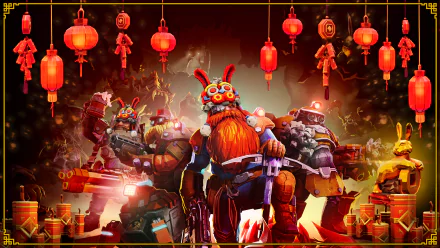 HD wallpaper of Deep Rock Galactic: Survivor video game featuring characters in vibrant costumes with Chinese lanterns in the background.