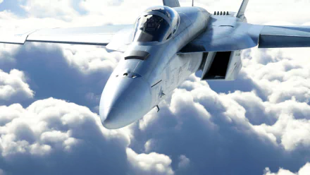 High-definition desktop wallpaper featuring a jet from Microsoft Flight Simulator soaring above the clouds, showcasing the game's realistic graphics.