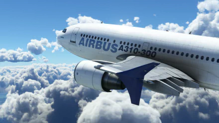 HD wallpaper of an Airbus A310-200 from Microsoft Flight Simulator soaring above the clouds.