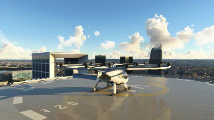 HD wallpaper of Microsoft Flight Simulator showcasing an aircraft on a helipad with cityscape background.