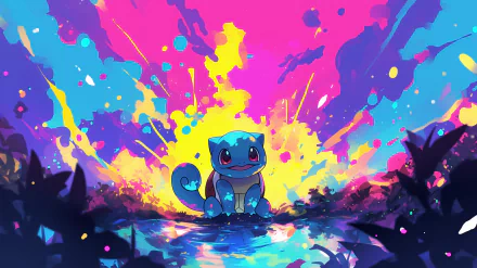 HD wallpaper of the Pokémon Squirtle in a vibrant, splashing watercolor background for desktop.