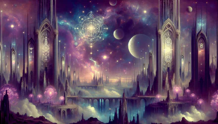 Fantasy landscape with cosmic elements and gothic architecture HD desktop wallpaper.