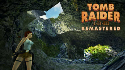 HD desktop wallpaper featuring Lara Croft in an intricate cave setting, showcasing the adventure of Tomb Raider I-III Remastered with vibrant graphics and classic gameplay elements.