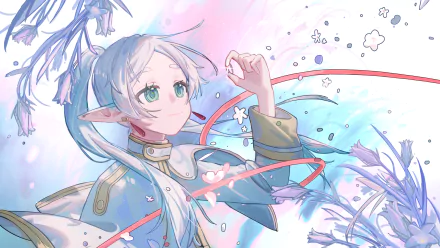 4K Ultra HD PC wallpaper of Frieren from Frieren: Beyond Journey's End, featuring her floating with a gentle expression amid pastel flowers and flowing ribbons.