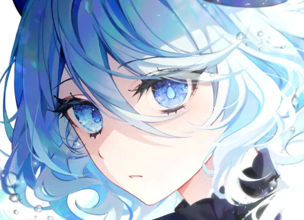 Close-up 4K Ultra HD PC wallpaper of Furina from Genshin Impact, showcasing her vibrant blue hair and detailed, expressive eyes.