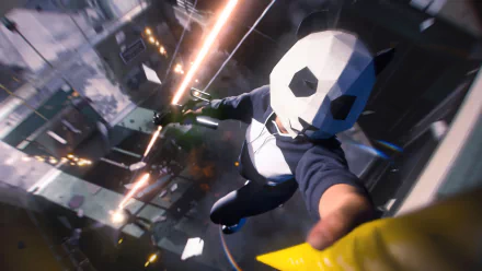 Dynamic HD desktop wallpaper featuring an action-packed moment from the video game The Finals, showcasing a first-person view of a player holding a soccer ball amidst a thrilling environment.