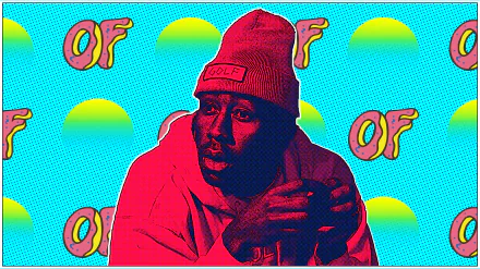 HD desktop wallpaper featuring a stylized illustration of a music artist with a beanie, representative of rapper Tyler, the Creator, set against a vibrant background with repeating patterns.