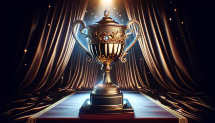 HD wallpaper of a shining trophy on stage with red curtains background for desktop.