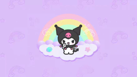 HD wallpaper featuring Kuromi from Onegai My Melody, depicted cutely with a pastel rainbow and clouds background, from the Sanrio universe.