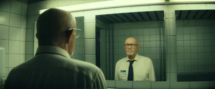 HD wallpaper featuring a scene from the TV show Constellation (2024) with a character portrayed by Jonathan Banks, looking at his reflection in a mirror.