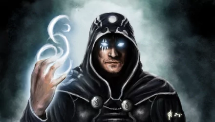 HD PC desktop wallpaper featuring Jace Beleren, a man-made character from Magic: The Gathering, with glowing eyes and mystical energy swirling around his hand.
