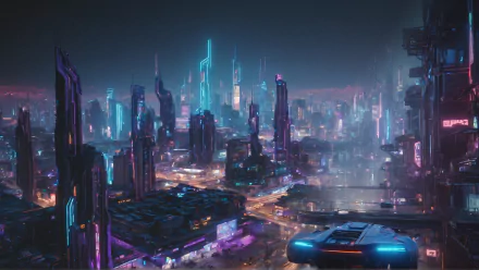 A 4K Ultra HD cyberpunk cityscape with neon blue and purple lights, showcasing futuristic skyscrapers and a vibrant, AI-generated urban night scene.