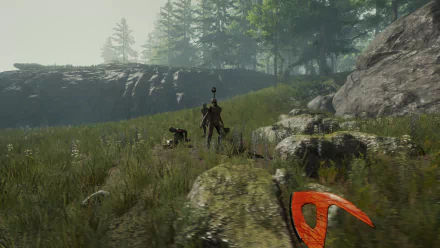 Sons of the Forest video game scene with character and dog in a forest setting for HD desktop wallpaper.