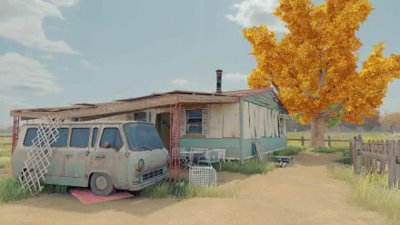 Open Roads video game HD desktop wallpaper featuring a rustic scene with a vintage van parked beside a weathered trailer home under the shade of a vibrant autumn tree.