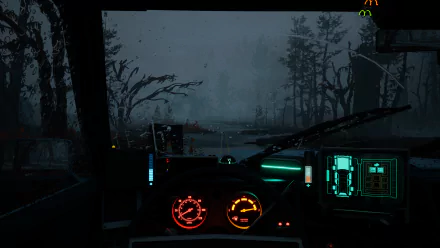 HD wallpaper of first-person view from a car in the video game Pacific Drive, featuring a moody, rain-drenched forested road ahead.
