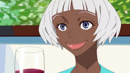 HD desktop wallpaper featuring a character from the anime GREAT PRETENDER, smiling with a glass of wine in the background.