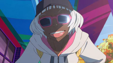 Anime character from Great Pretender with short white hair and sunglasses, smiling confidently against a vibrant, colorful background. High-definition desktop wallpaper.