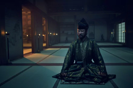HD wallpaper of a character from the 2024 TV show Shogun meditating in a dimly lit traditional room.