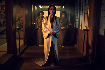 HD wallpaper featuring a scene from the 2024 TV show Shogun with a central character in traditional Japanese attire standing in a dimly lit room with other characters in the background.