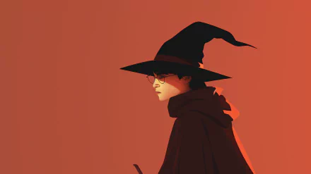 A minimalist HD desktop wallpaper depicting a wizard wearing glasses and a pointed hat, inspired by the Harry Potter series, set against a warm orange background.