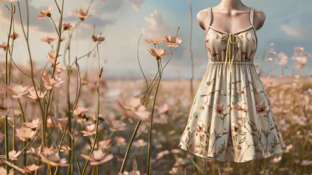 HD desktop wallpaper featuring a summer dress design displayed on a mannequin in a blooming flower field.