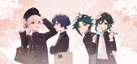 4K Ultra HD desktop wallpaper featuring Genshin Impact characters Kaedehara Kazuha, Xiao, Venti, and Scaramouche in a soft, cherry blossom-themed background.