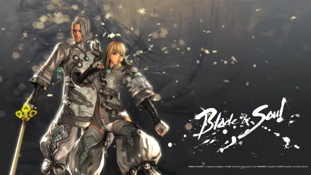 HD Blade & Soul PC desktop wallpaper featuring two characters in detailed armor with a dark, atmospheric background and the game’s logo prominently displayed.