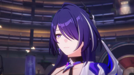 HD desktop wallpaper featuring Acheron character from Honkai: Star Rail video game with a futuristic background.