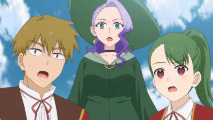 HD wallpaper featuring Anime characters with a presumed villainess in the center, flanked by a surprised young man and woman under a blue sky, tagged Villainess Level 99.