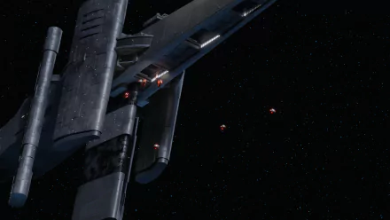 HD wallpaper featuring Star Wars: Dark Forces Remaster video game with Starship and space stars background.