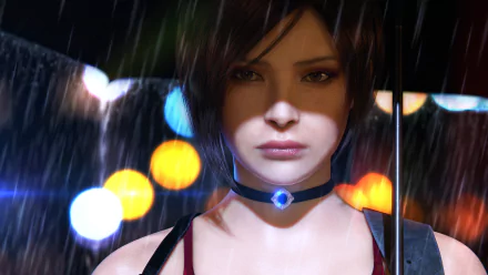 HD wallpaper of Ada Wong from Resident Evil 2 (2019) video game with a bokeh lights background.