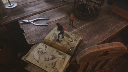 HD wallpaper depicting a scene from the Brothers: A Tale of Two Sons Remake video game with two characters standing on an open book in a rustic interior setting.