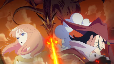 HD anime wallpaper featuring the intense scene from Monsters: 103 Mercies Dragon Damnation, showcasing dynamic characters and a formidable dragon amidst a fiery battle.