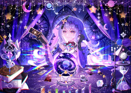HD desktop wallpaper featuring the character Black Swan from Honkai: Star Rail video game, set in a magical, star-themed environment with mystical symbols and artifacts.