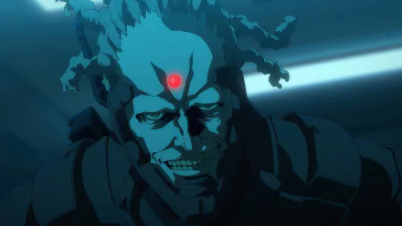 HD anime desktop wallpaper featuring a fierce Ninja Kamui character with a red symbol on the forehead, set against a cool blue-toned background.