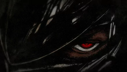 HD desktop wallpaper featuring a close-up of a Ninja Kamui character with a piercing red eye peeking through shadows.